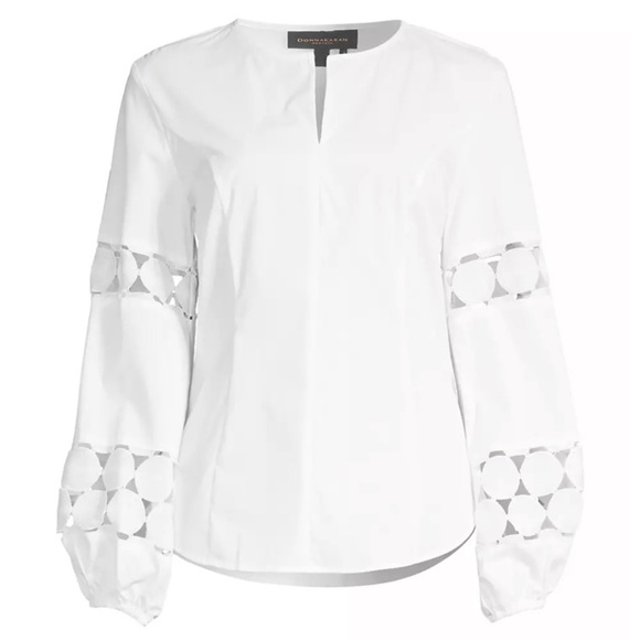Donna Karan Eyelet Long Sleeve Blouse in White - Picture 6 of 9